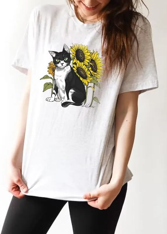 CORIRESHA Women's Cat Sunflower Crewneck Short Sleeve Casual Summer Cute T-Shirt