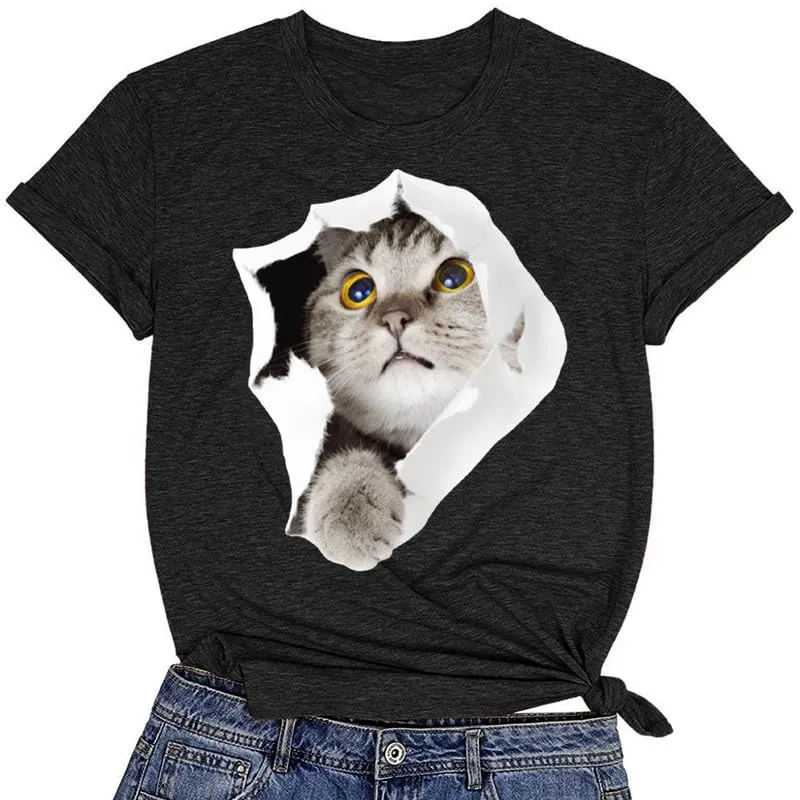 CORIRESHA Women's Cute T-Shirt Summer Short Sleeve Crew Neck Casual Cat Lovers Clothing