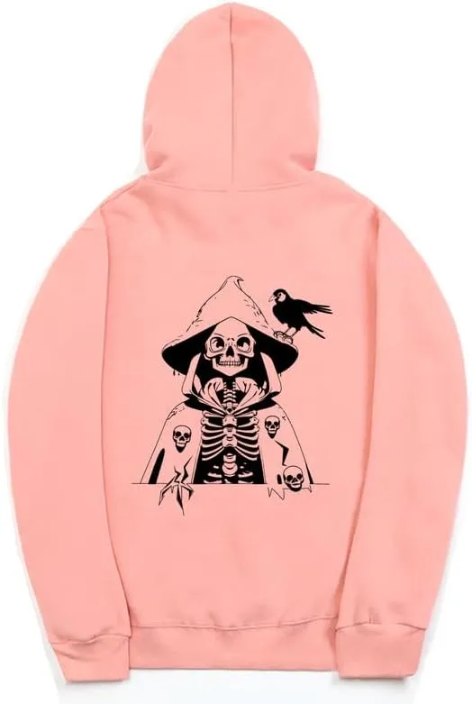 CORIRESHA Women's Skull Print Hoodie Long Sleeve Drawstring Casual Soft Unisex Halloween Sweatshirt