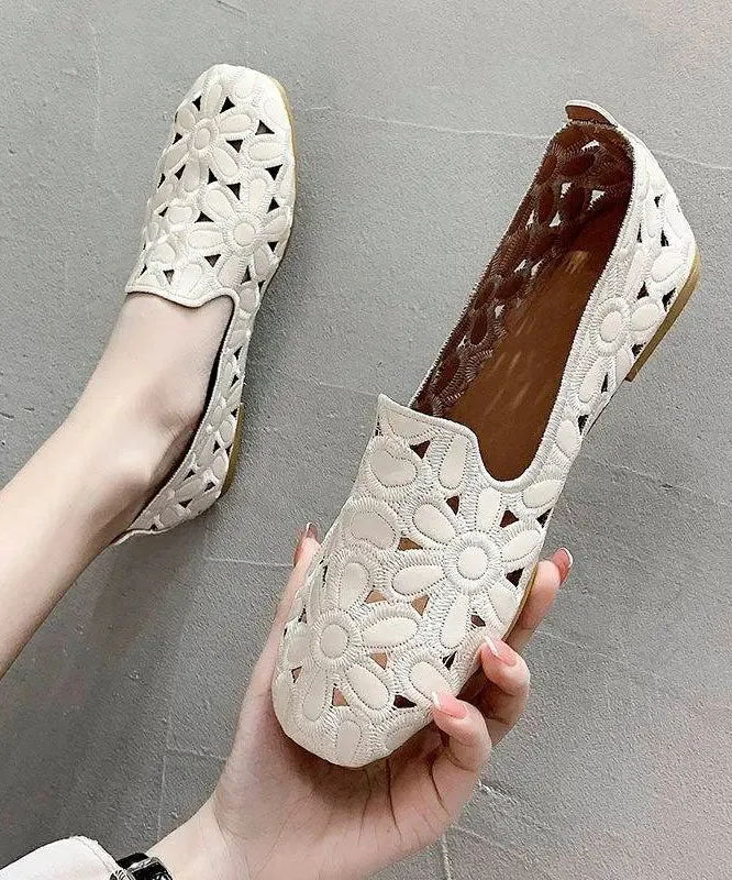 Cotton Fabric Hollow Out Embroidery Splicing Yellow Loafers For Women LY8315