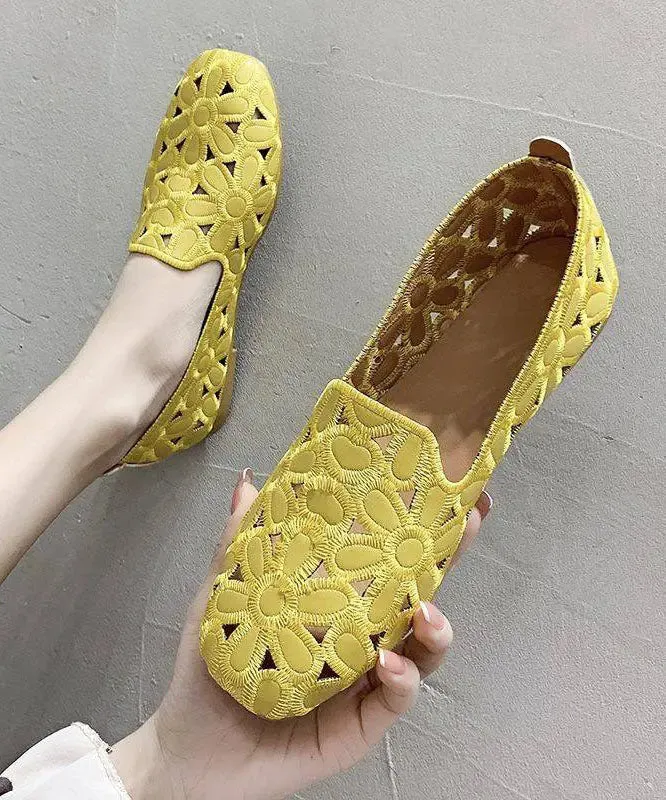 Cotton Fabric Hollow Out Embroidery Splicing Yellow Loafers For Women LY8315