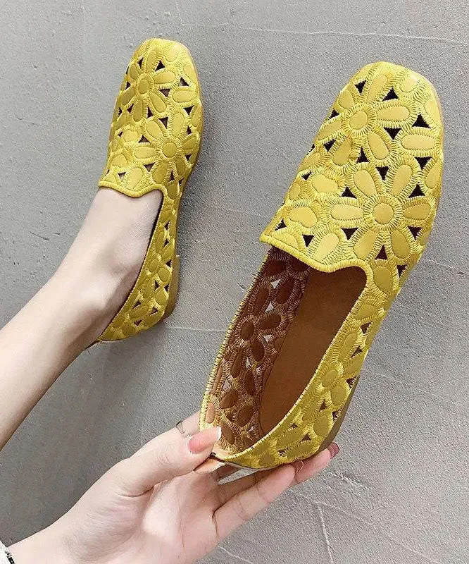 Cotton Fabric Hollow Out Embroidery Splicing Yellow Loafers For Women LY8315