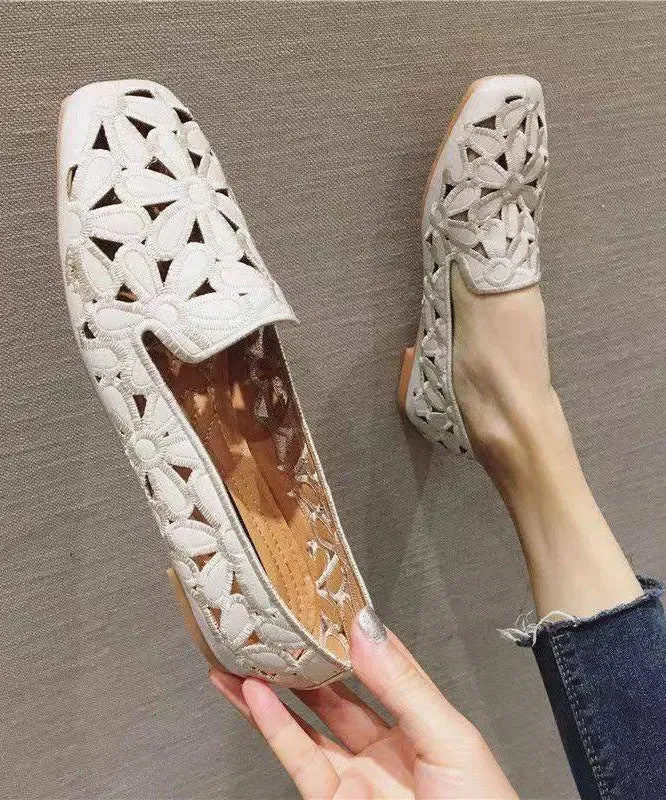 Cotton Fabric Hollow Out Embroidery Splicing Yellow Loafers For Women LY8315