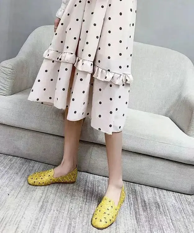 Cotton Fabric Hollow Out Embroidery Splicing Yellow Loafers For Women LY8315