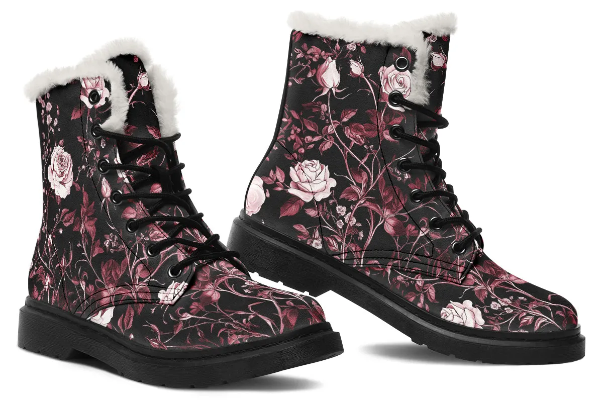 Crimson Rose Romance Winter Boots - Warm Micro-Suede Doc-Style Boots Lined with Vegan Wool