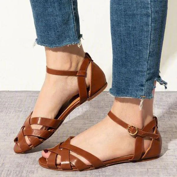 Crossed Strap Flats Adjustable Buckle Sandals