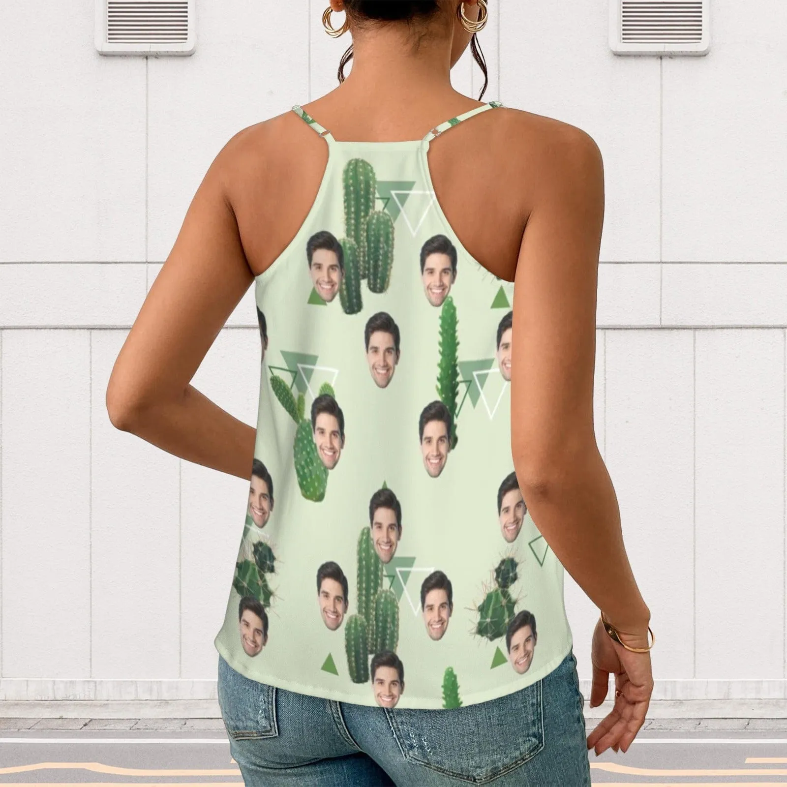 Custom Face Cactus Women's V-Neck Cami Tank Tops