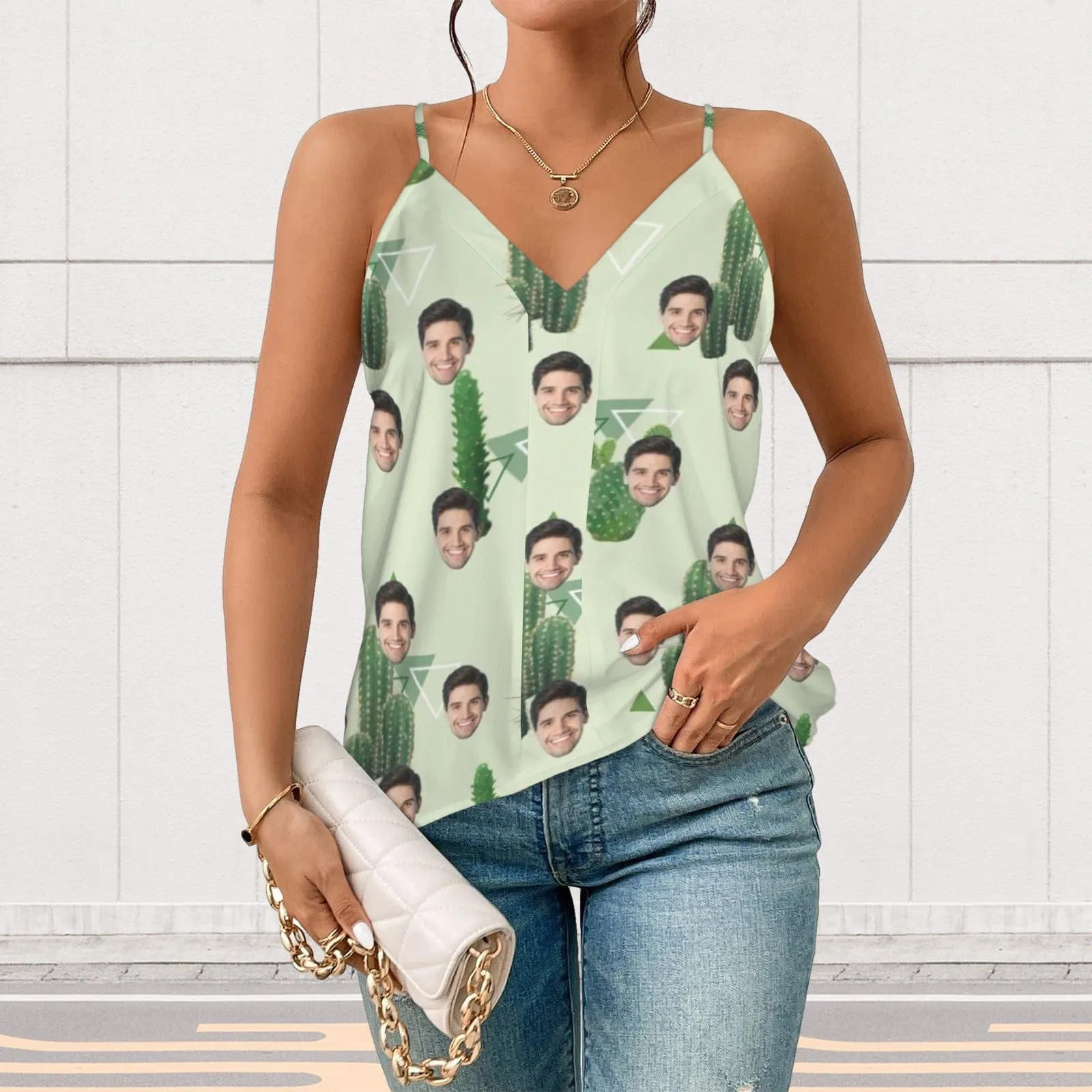 Custom Face Cactus Women's V-Neck Cami Tank Tops