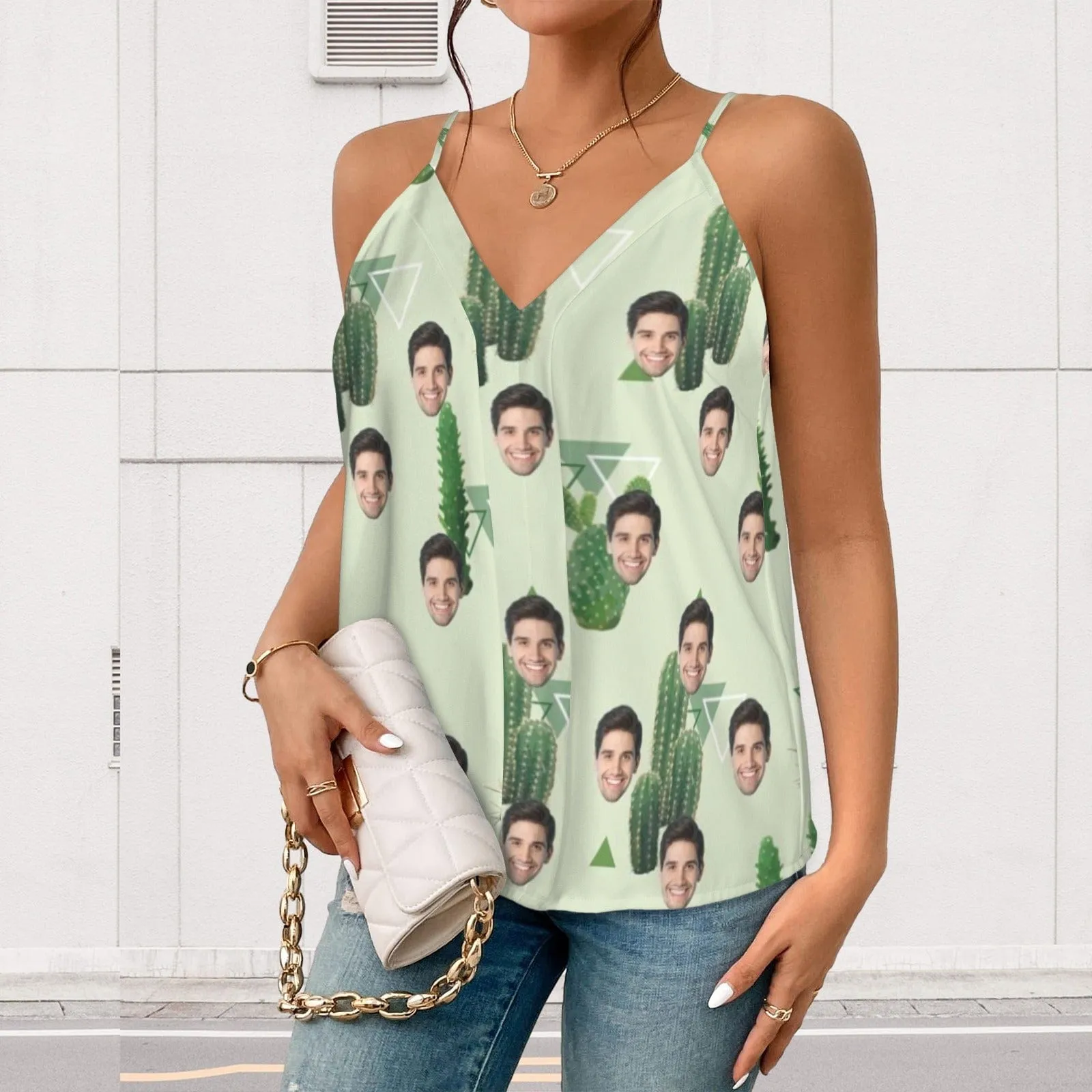 Custom Face Cactus Women's V-Neck Cami Tank Tops