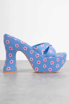 Daisy Street Platform Heeled Sandals in Blue Floral Print