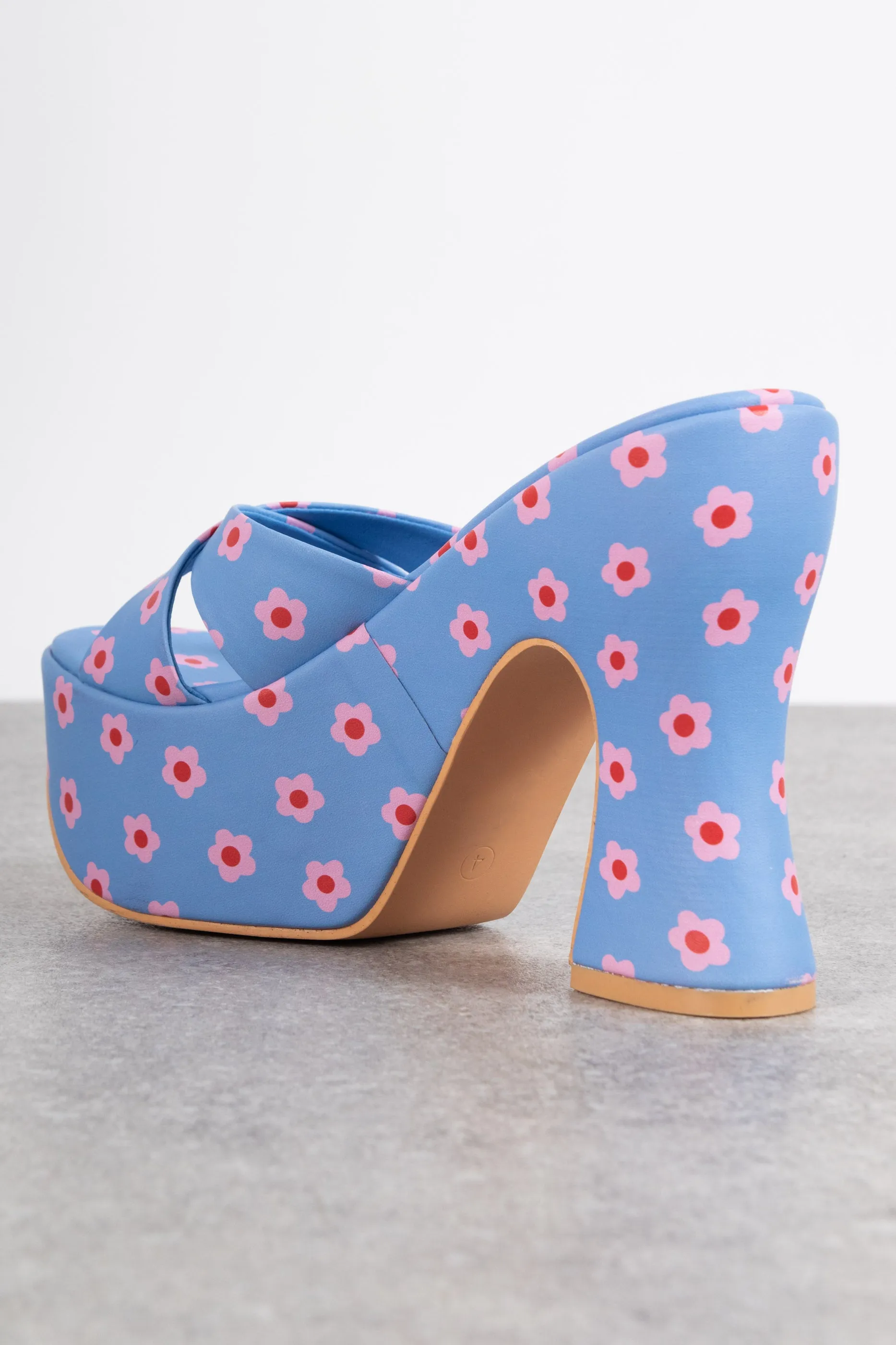 Daisy Street Platform Heeled Sandals in Blue Floral Print