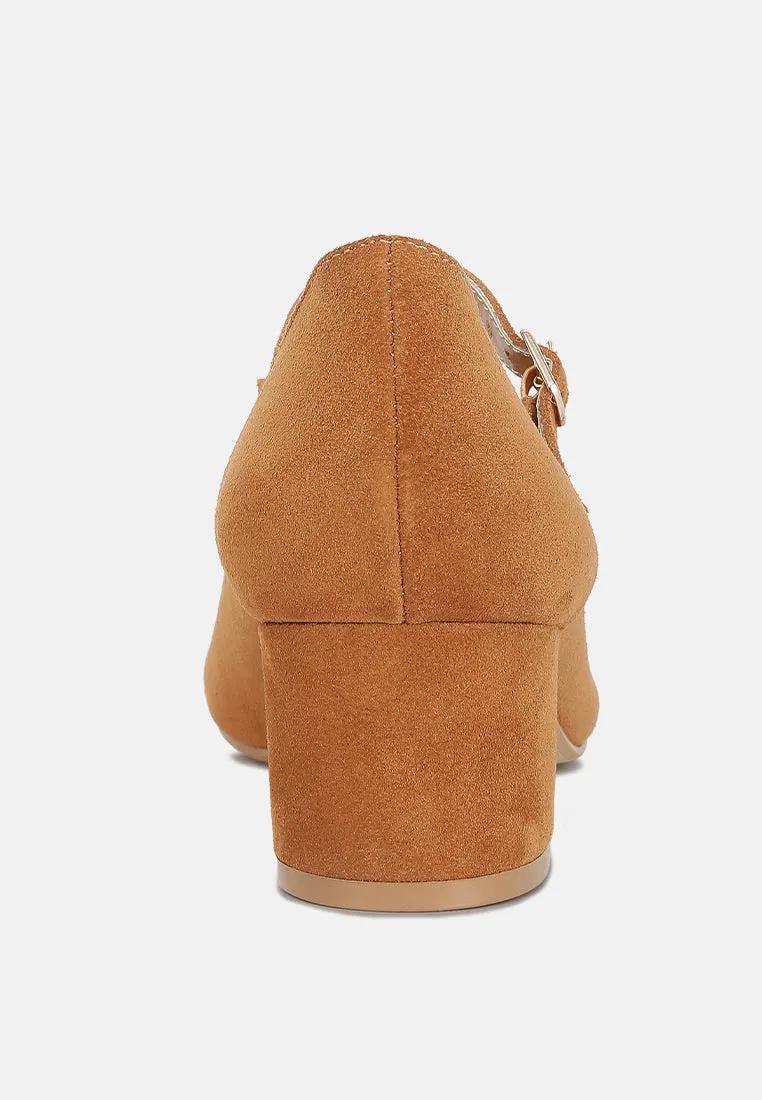 DALLIN Suede Block Heel Mary Janes in Tan