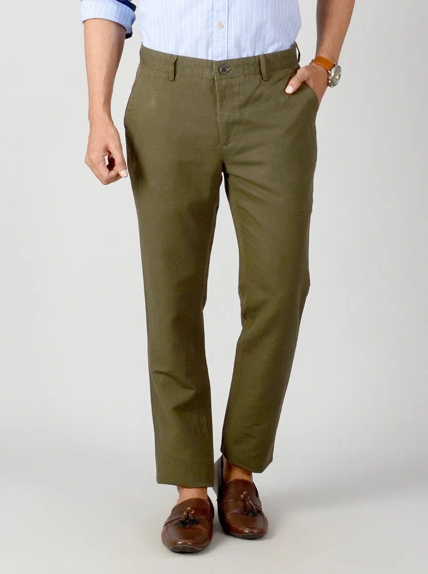 Dark Olive Green Self Textured Slim Fit Casual Trouser | JadeBlue