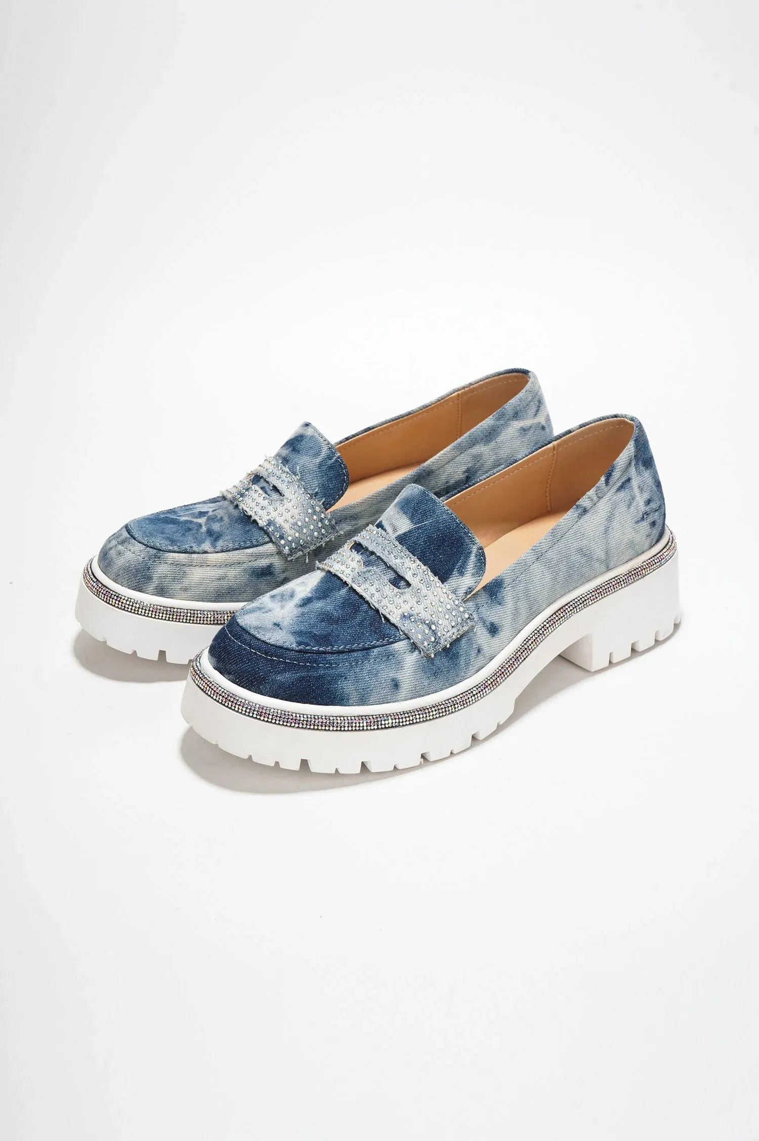 Denim Womens Rhinestone Lug Sole Chunky Loafers