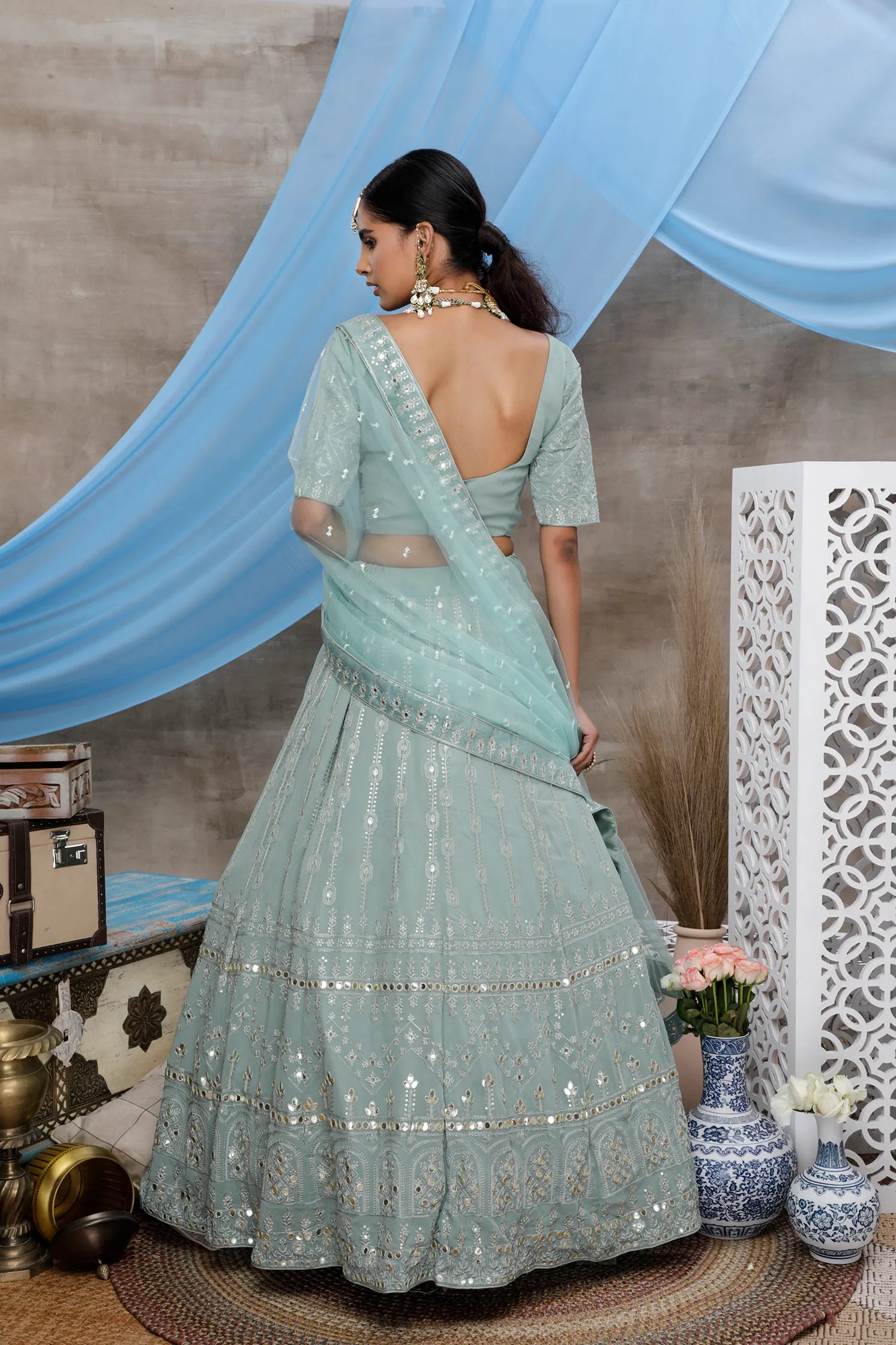 Dusty Green Gota Patti Work Georgette Wedding Wear Lehenga Choli