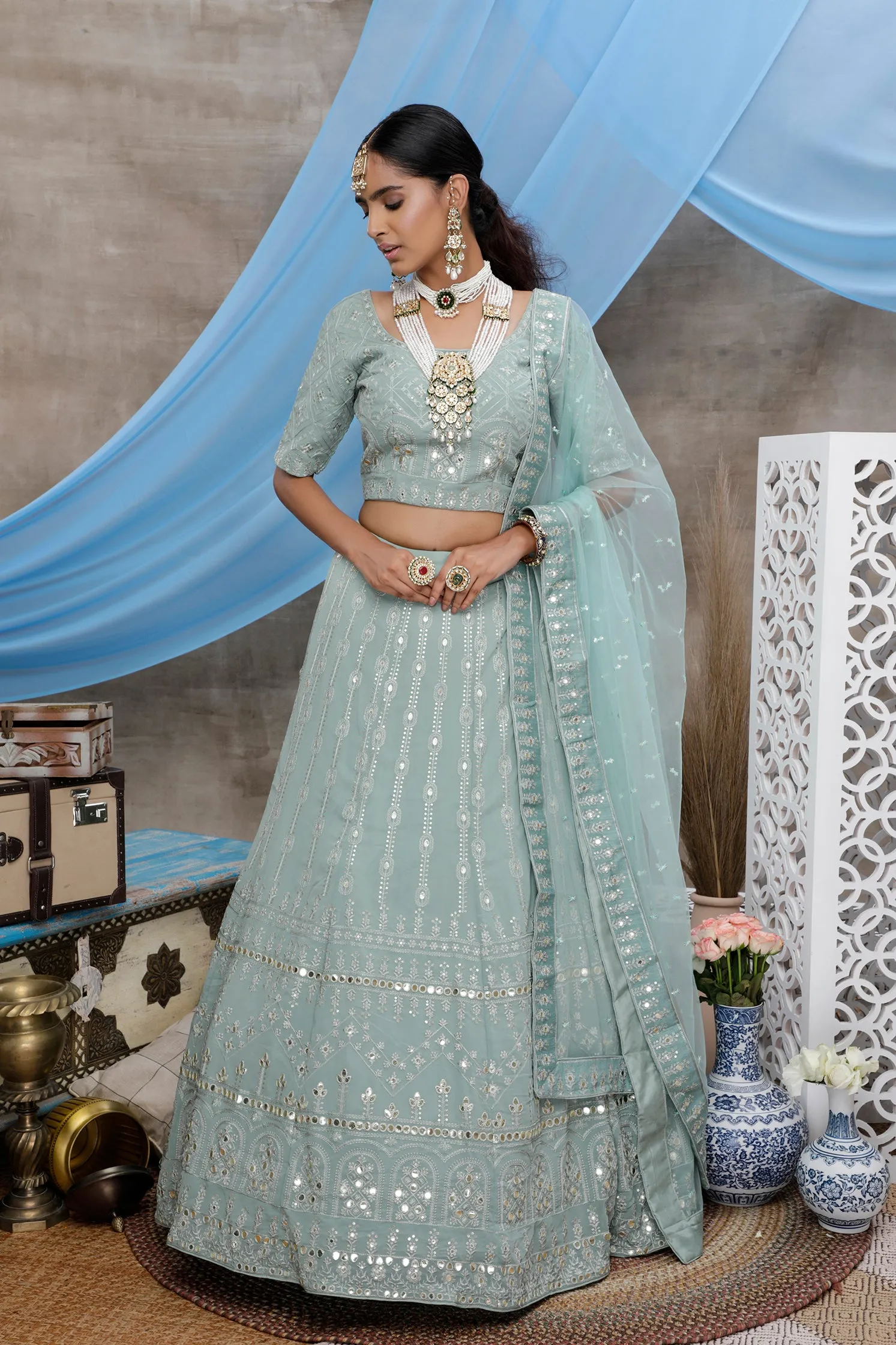 Dusty Green Gota Patti Work Georgette Wedding Wear Lehenga Choli