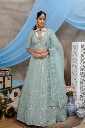 Dusty Green Gota Patti Work Georgette Wedding Wear Lehenga Choli