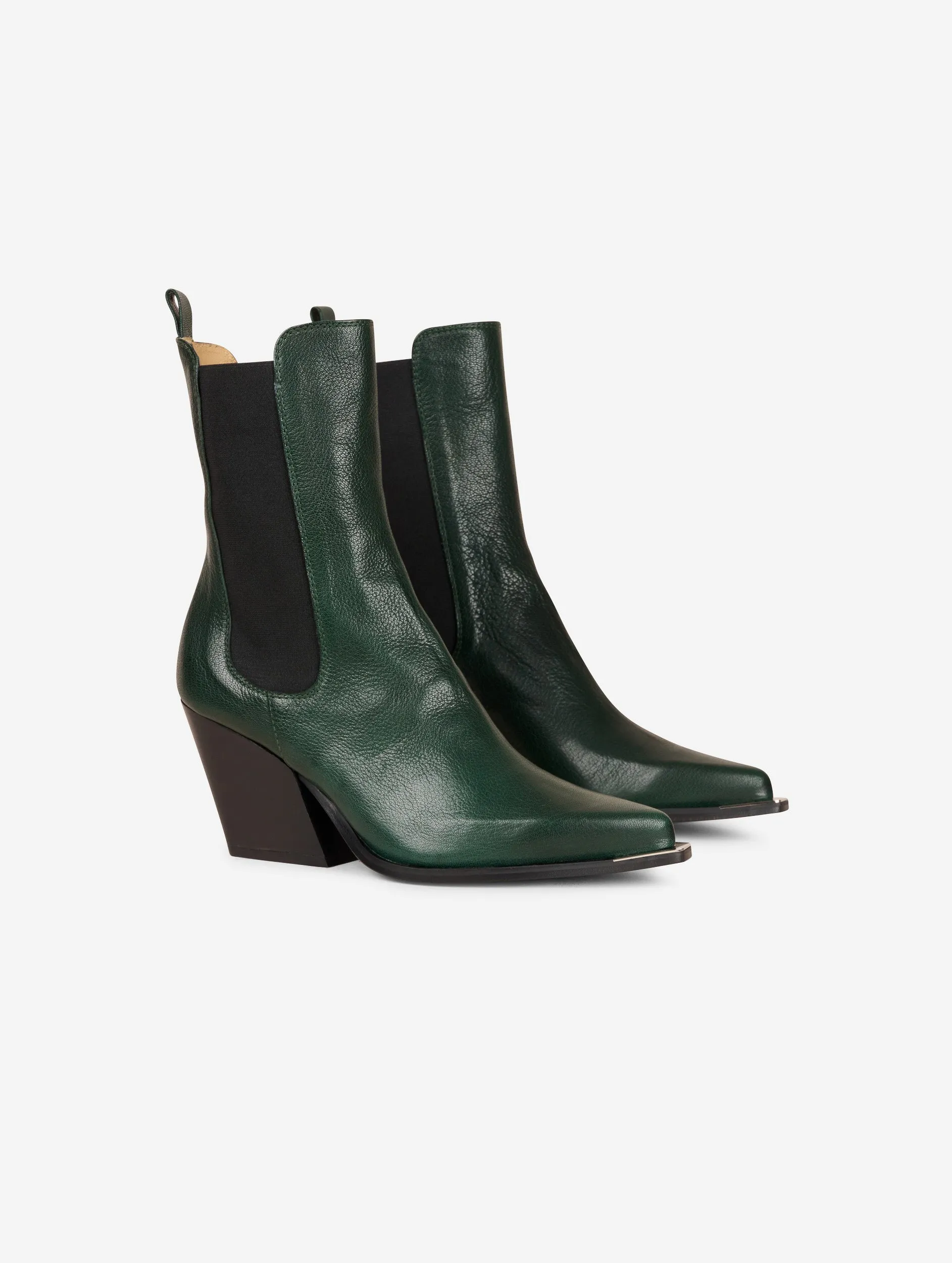 Elasticated green leather ankle boots