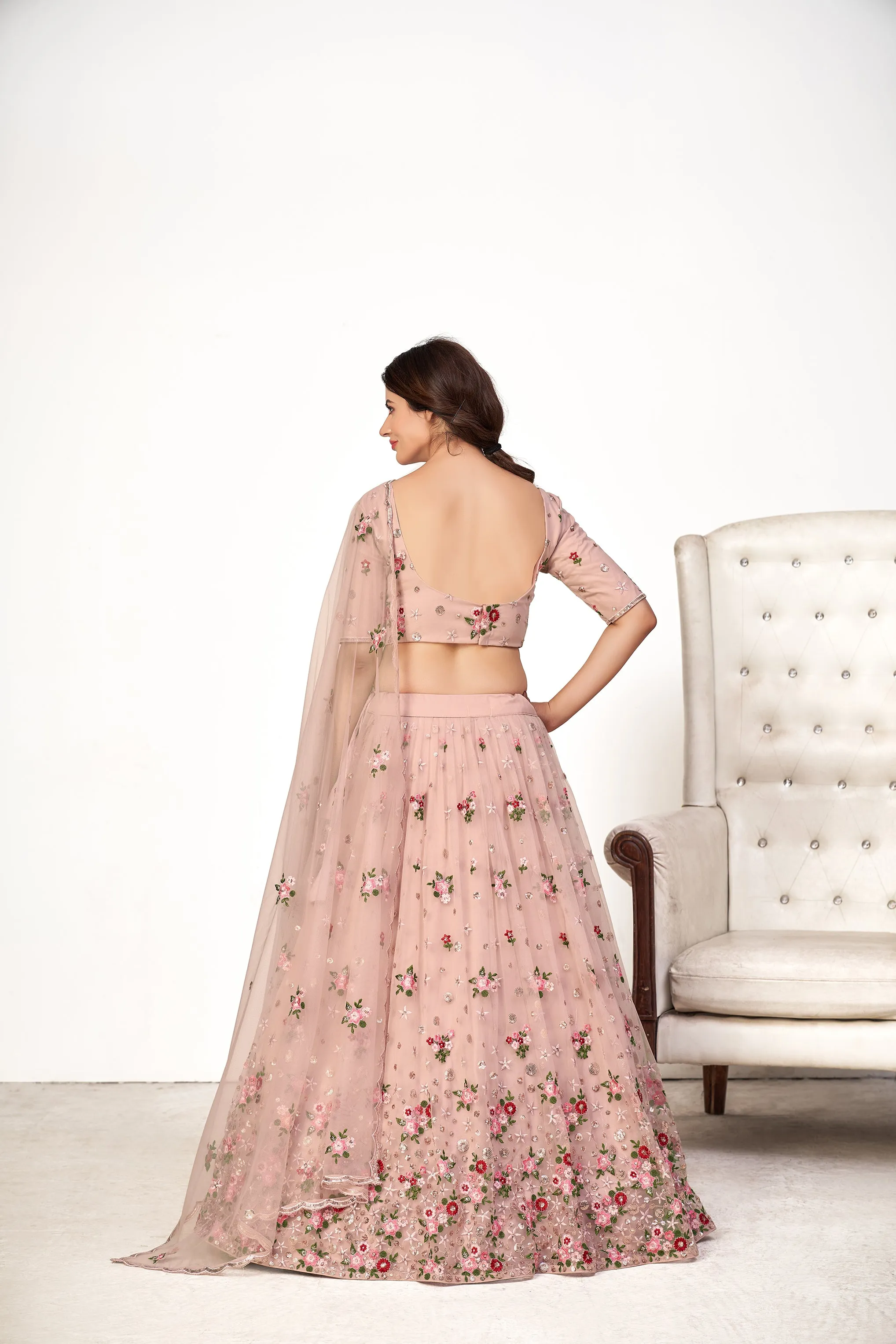 Enchanting Pink Embroidered Net Wedding Ghagra Choli With Dupatta