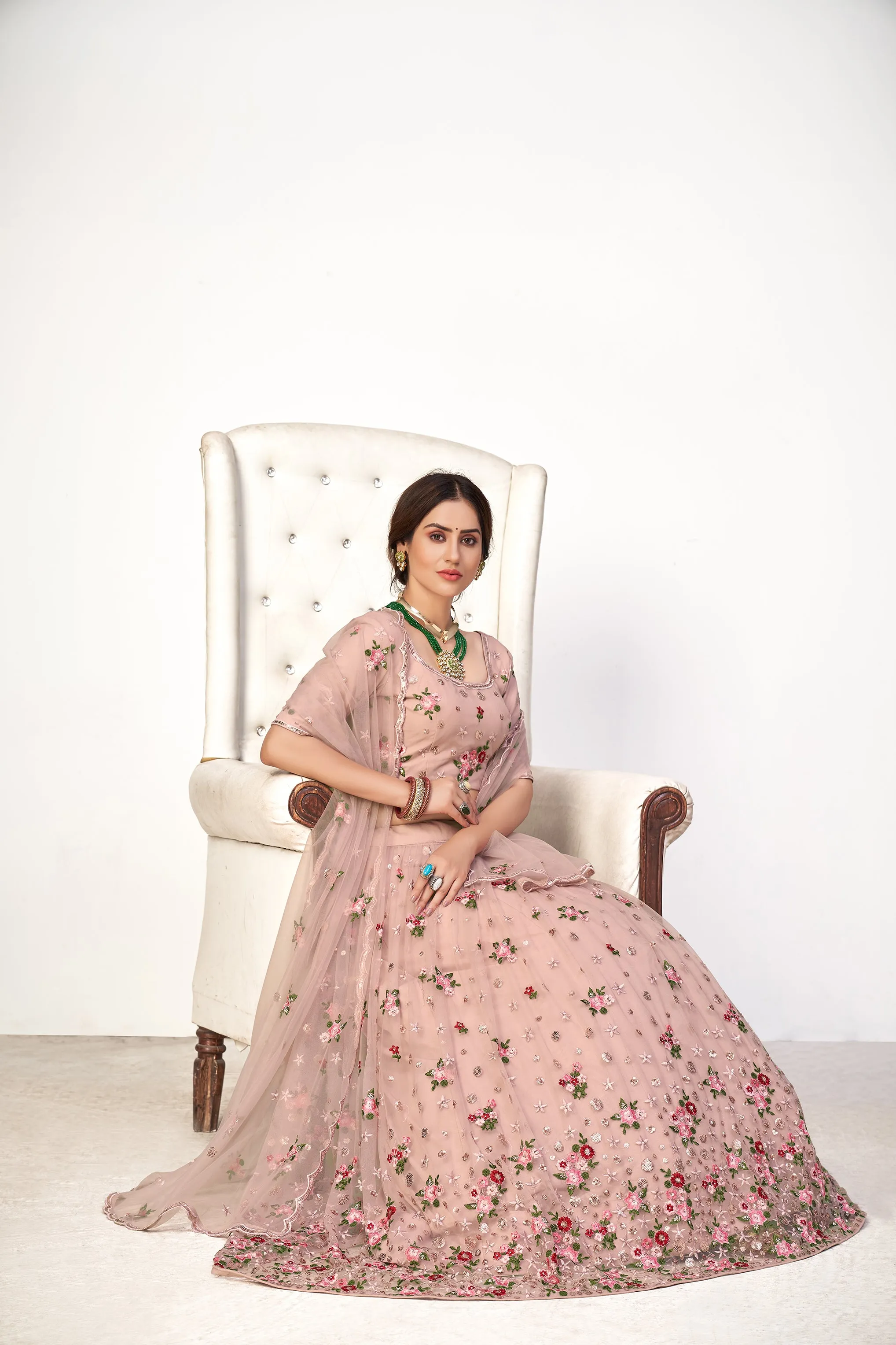 Enchanting Pink Embroidered Net Wedding Ghagra Choli With Dupatta