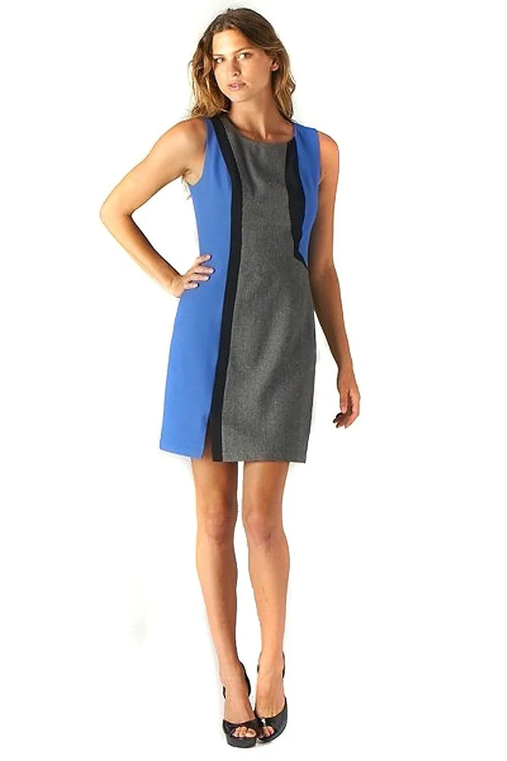 Esley Blue Grey Colorblock Sleeveless Mod Inspired Trendy Shift Dress