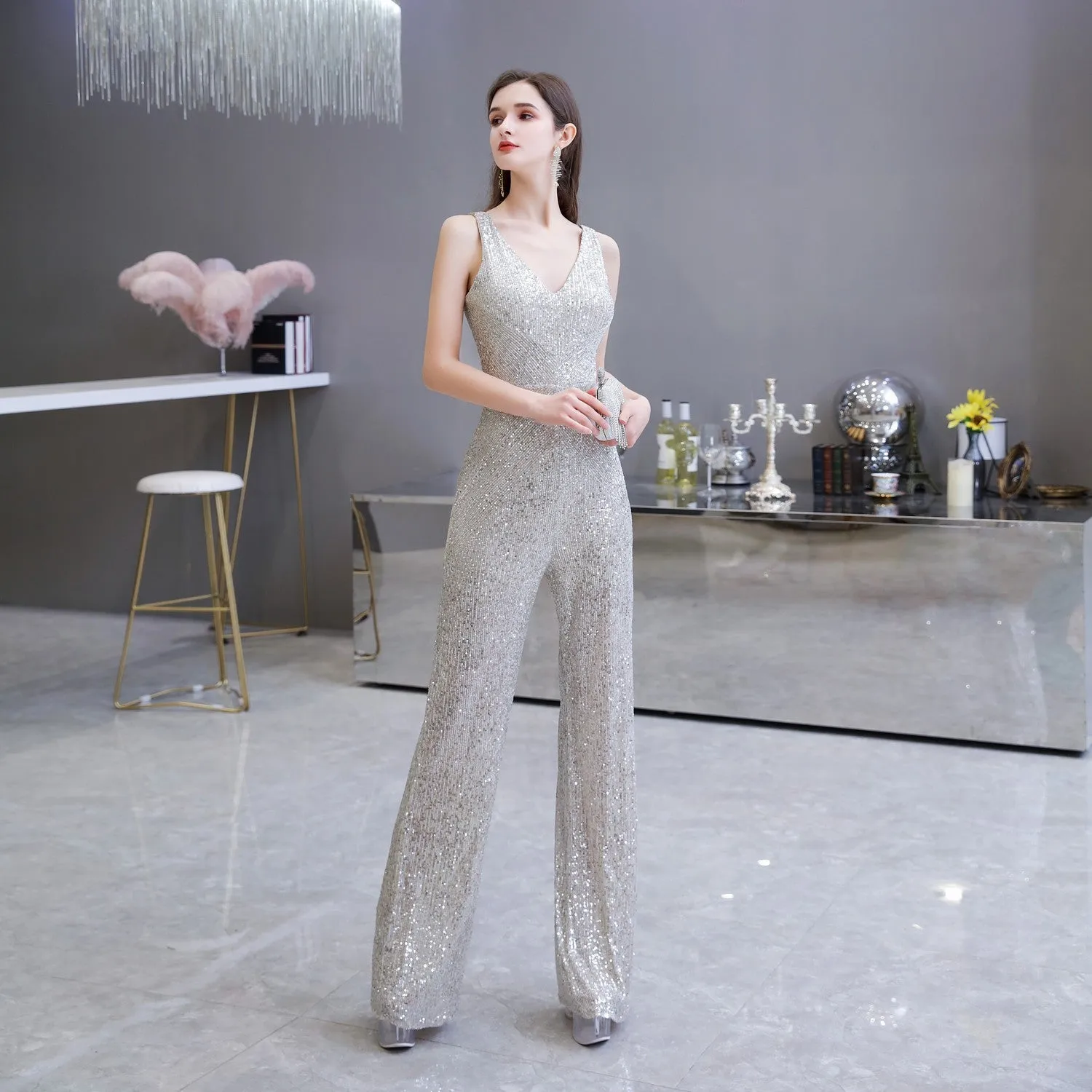 Fashionable Temperament Dress Waist Slim Jumpsuit Wide-leg Pants Ladies Party Annual Meeting Evening Dress, lioness-love.com