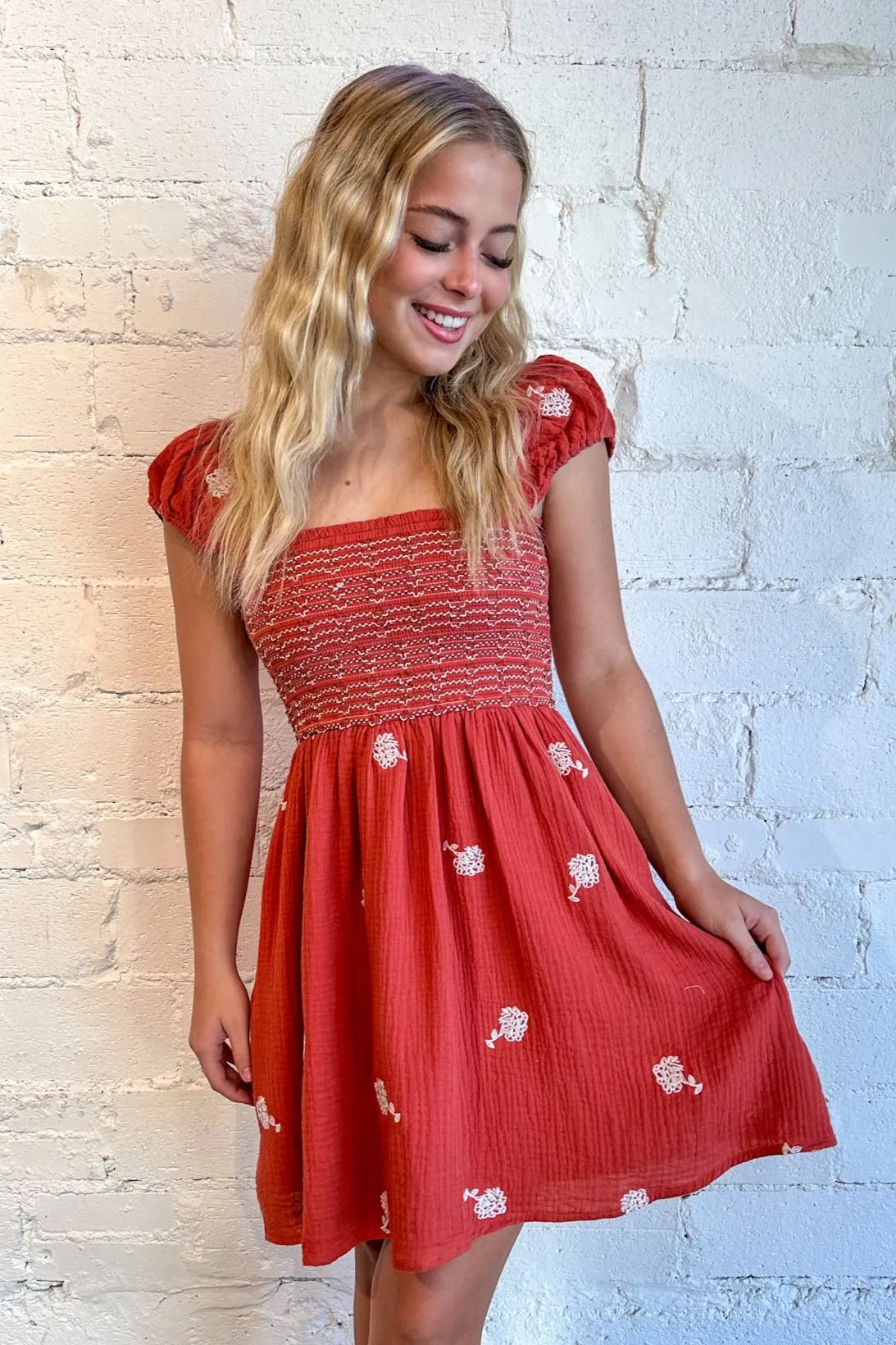 Floral Embroidered Smocked Mini Dress