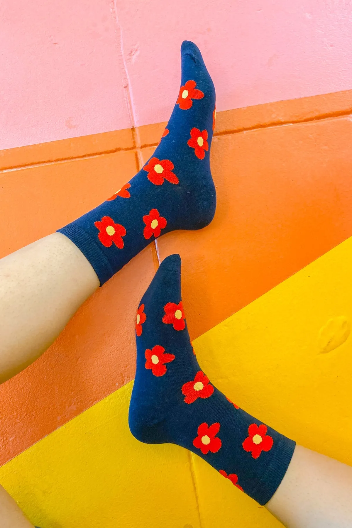 Flower Socks in Navy/Red