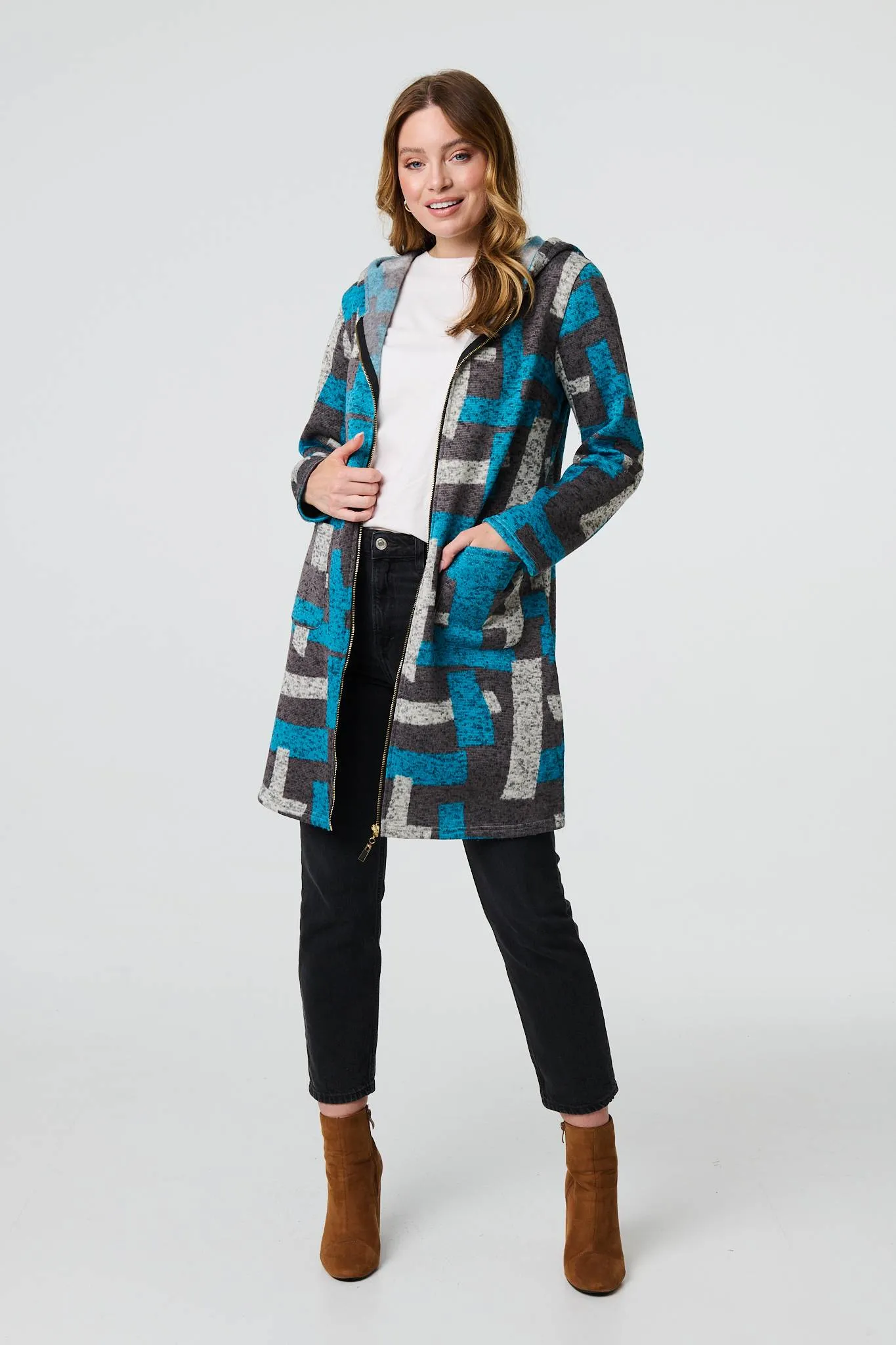 Geo Print Hooded Longline Zip-Up Jacket