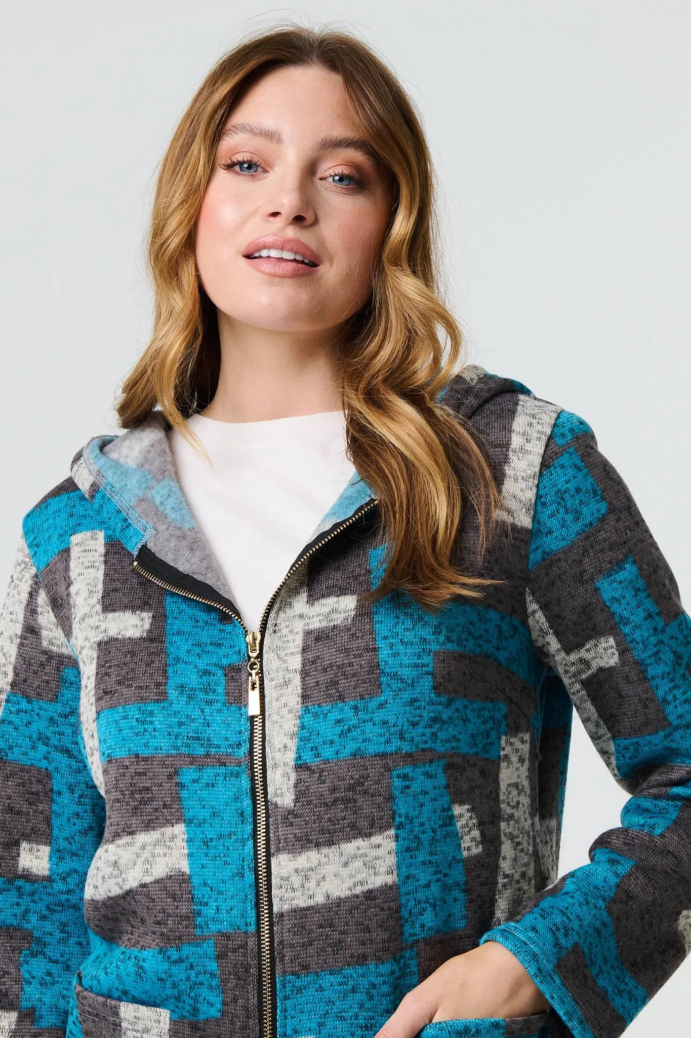 Geo Print Hooded Longline Zip-Up Jacket