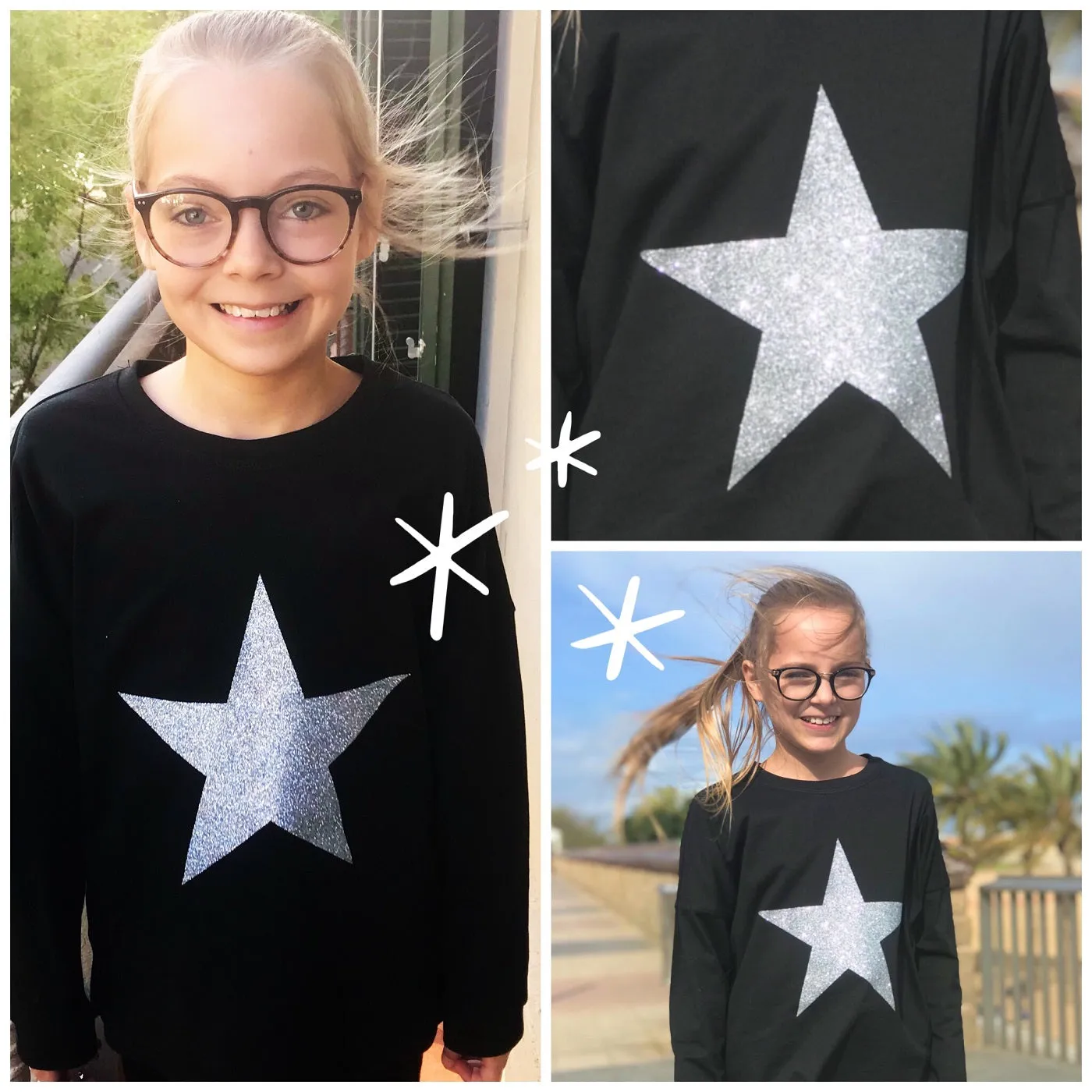 Girls Glitter Star Drop Shoulder Long Sleeve Top (4 colour choices)