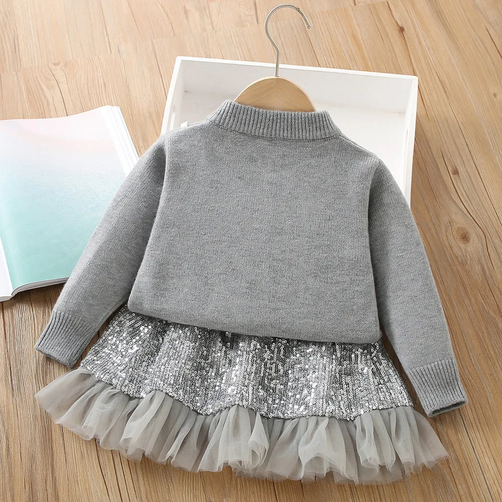 Girls sequined knitted skirt suit autumn new thick warm sweater   skirt