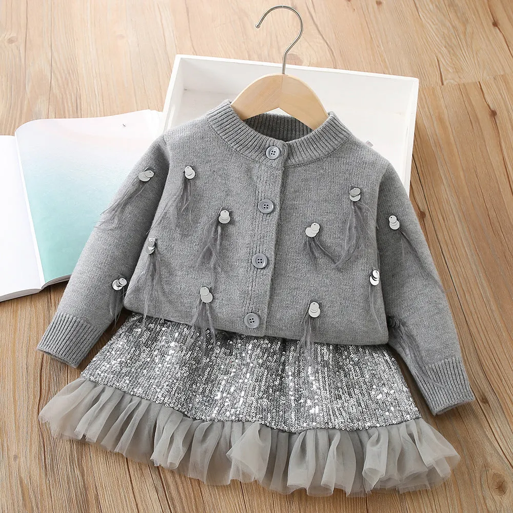 Girls sequined knitted skirt suit autumn new thick warm sweater   skirt