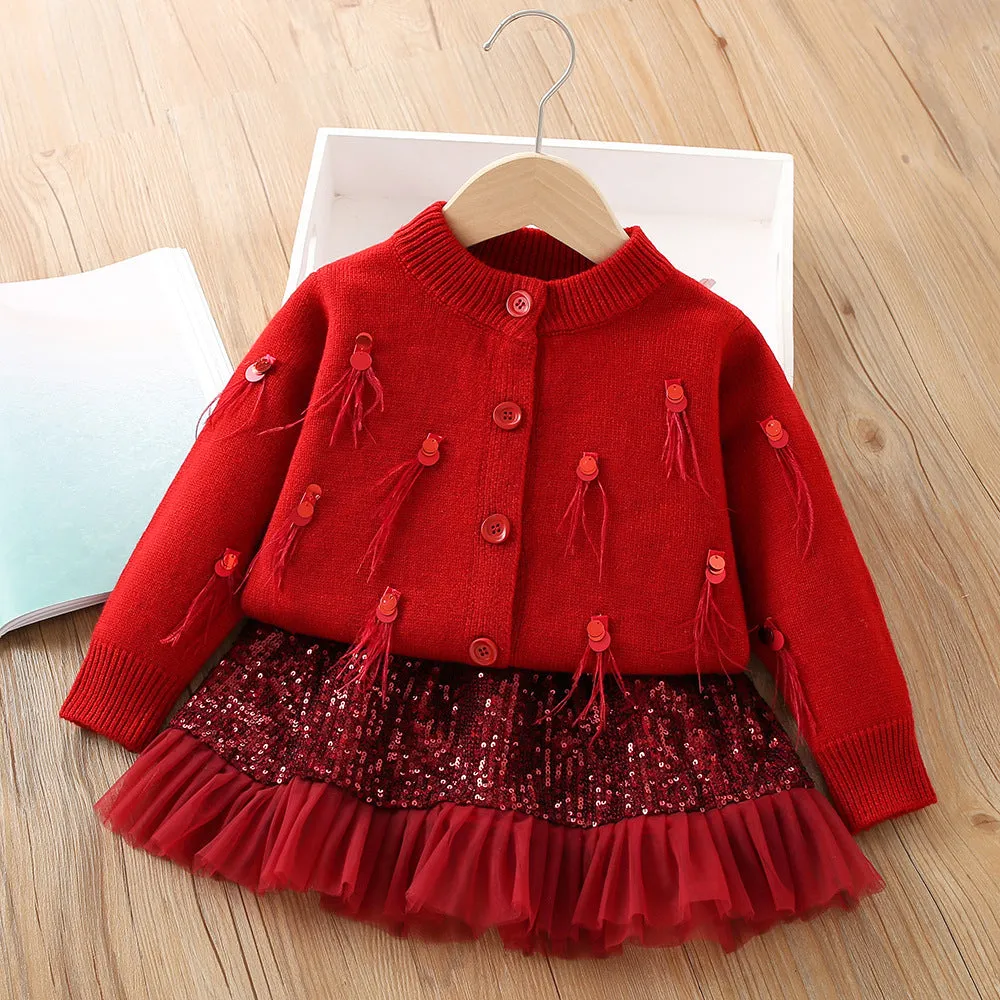 Girls sequined knitted skirt suit autumn new thick warm sweater   skirt