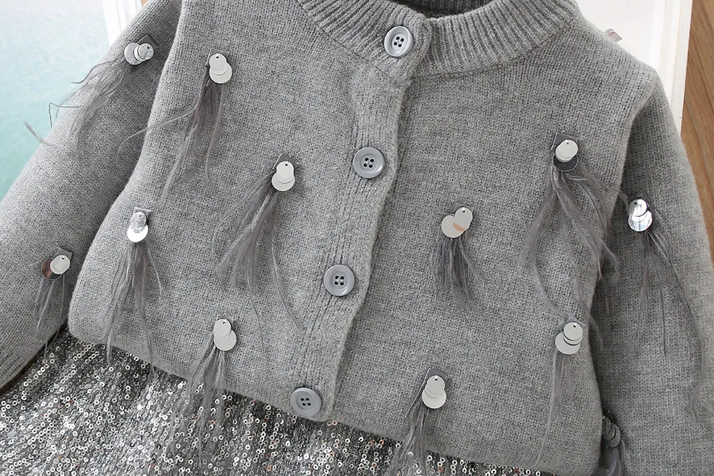 Girls sequined knitted skirt suit autumn new thick warm sweater   skirt