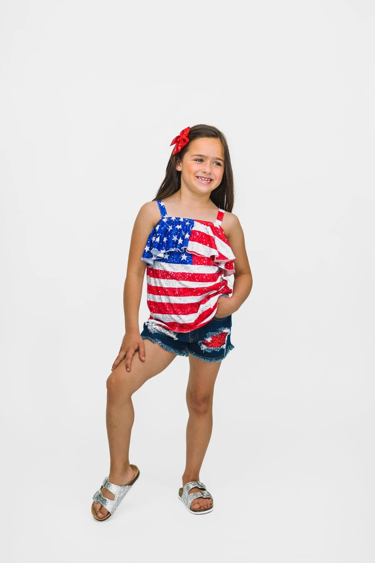 Glitter Print American Flag Cold Shoulder Denim Short Set