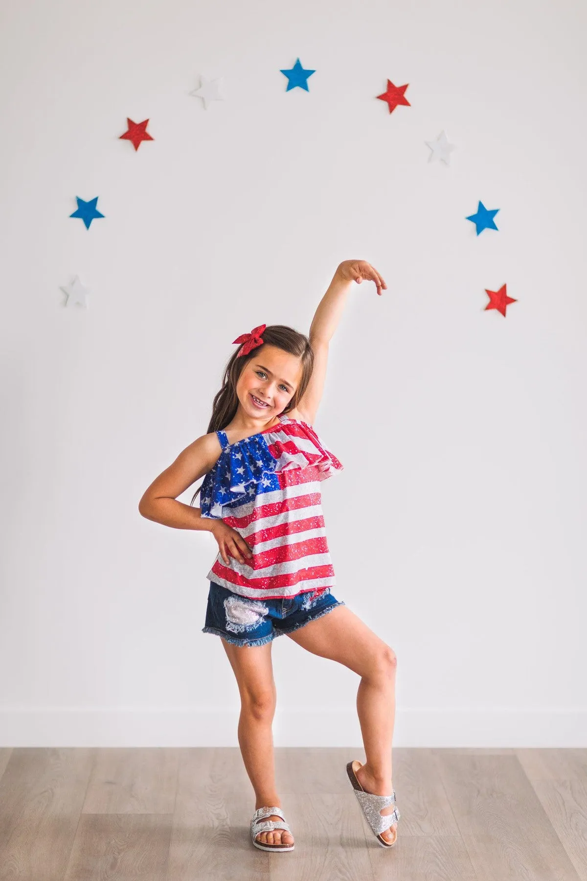 Glitter Print American Flag Cold Shoulder Denim Short Set