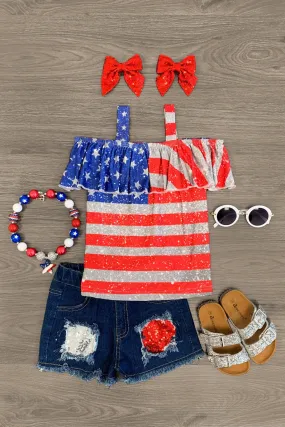 Glitter Print American Flag Cold Shoulder Denim Short Set