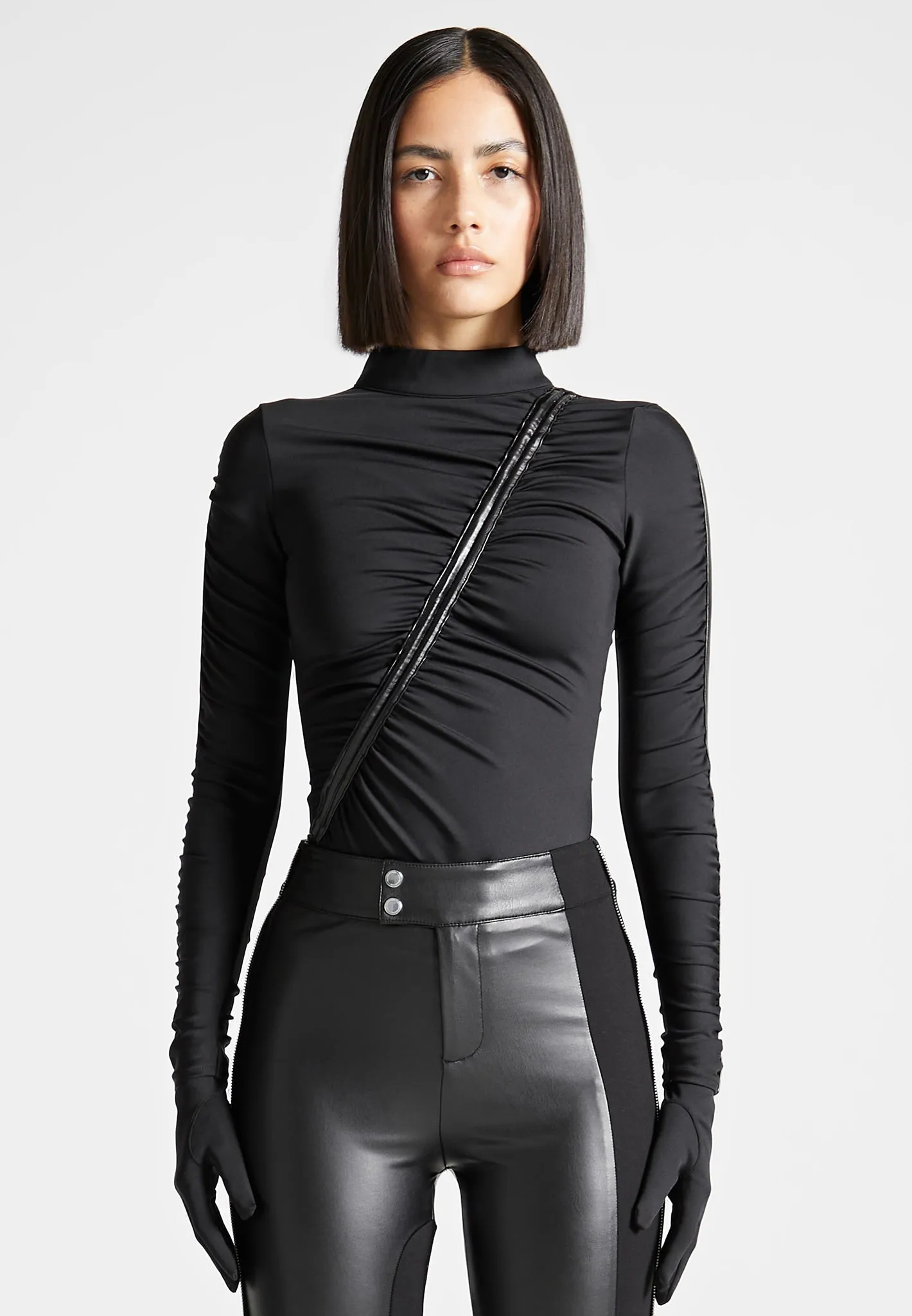 Glove Bodysuit with Ruching - Black