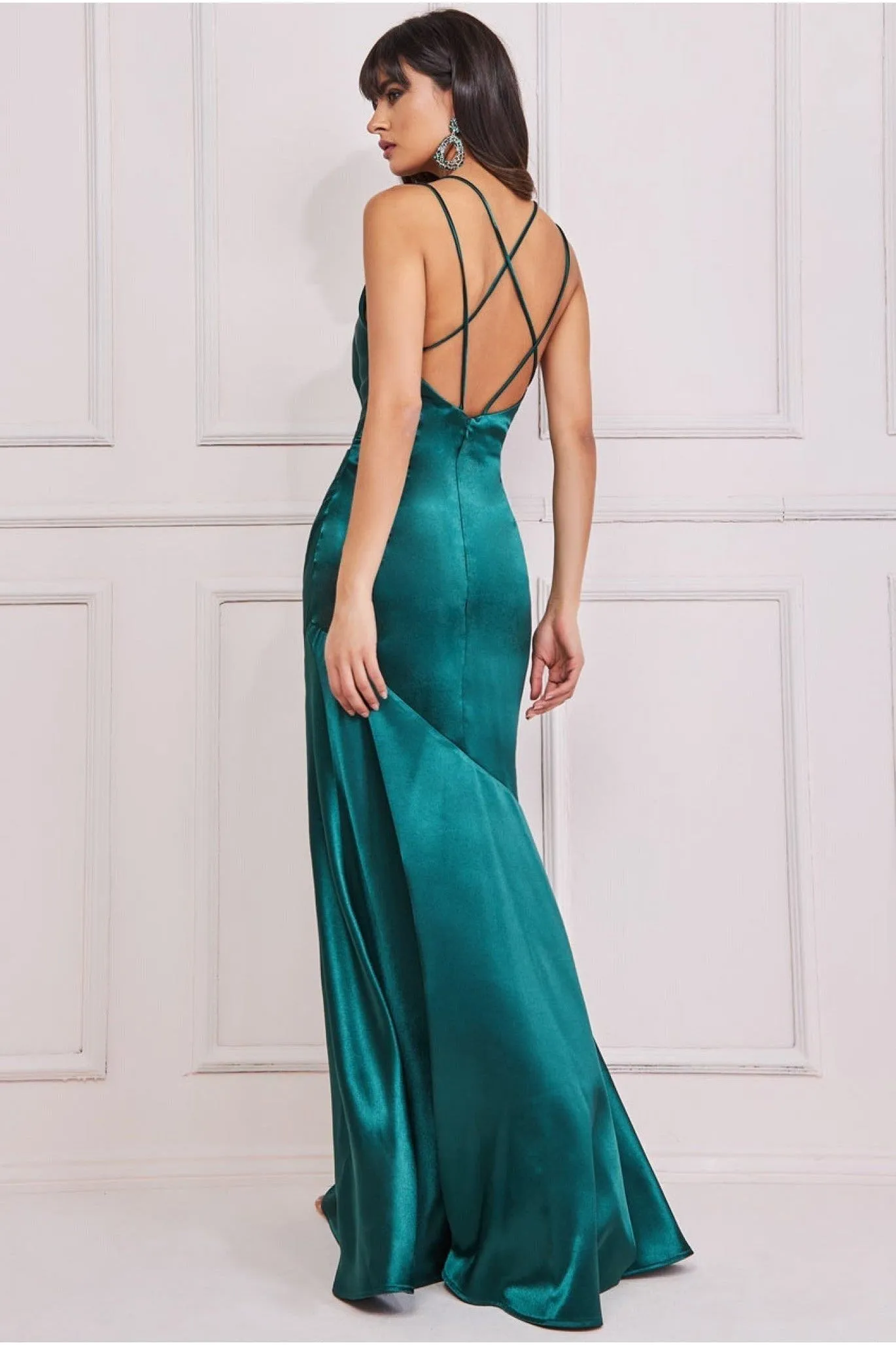 Goddiva Cowl Neck With Strappy Back Satin Maxi - Emerald