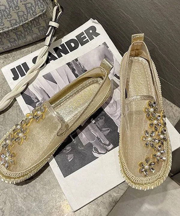 Gold Penny Loafers Breathable Mesh Retro Splicing Floral Zircon LY4342