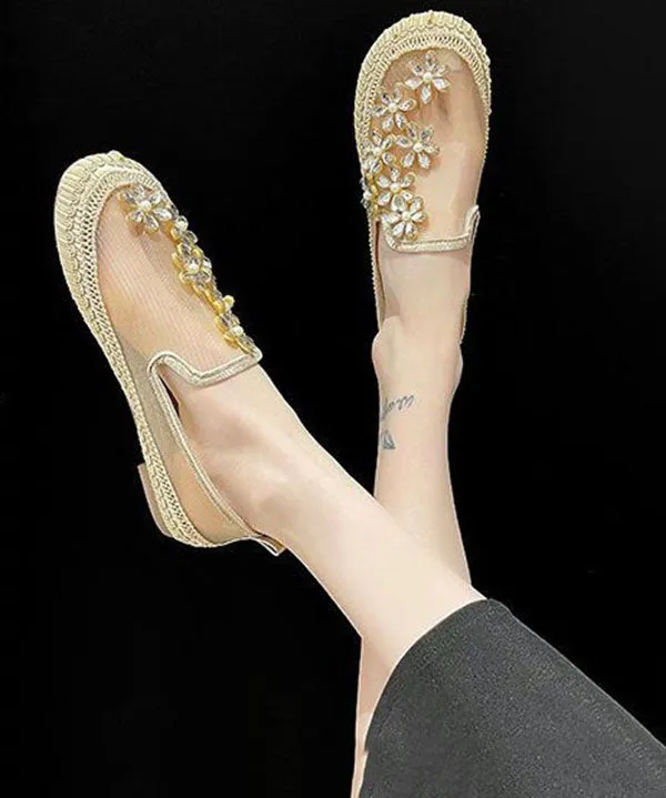 Gold Penny Loafers Breathable Mesh Retro Splicing Floral Zircon LY4342