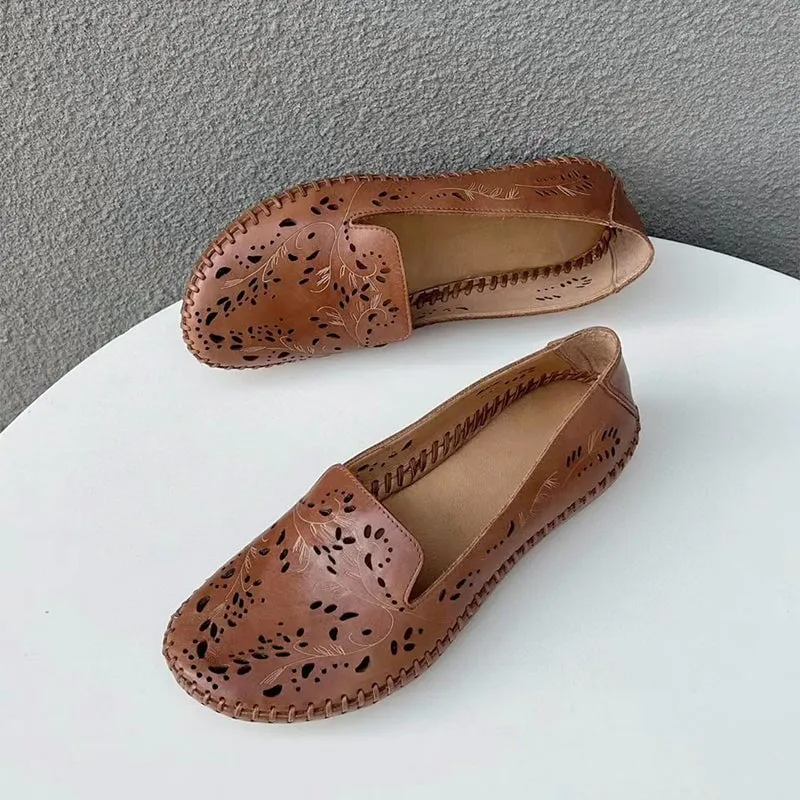 Handmade Cut Out Leather Loafers For Women In Beige/Brown