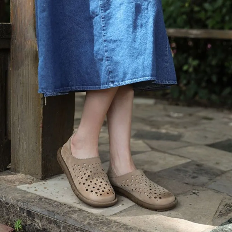 Handmade Genuine Leather Slip Ons Flats Perforated Breathable Loafers in Brown/Grey