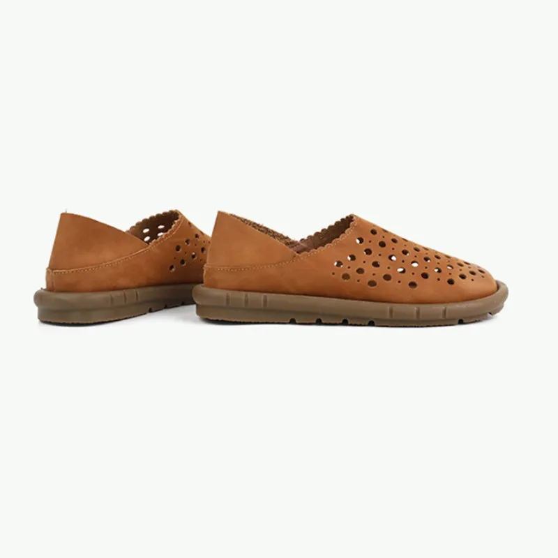 Handmade Genuine Leather Slip Ons Flats Perforated Breathable Loafers in Brown/Grey