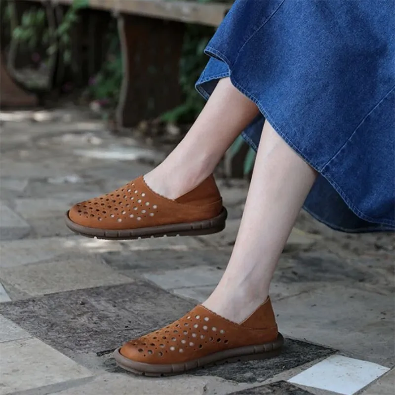 Handmade Genuine Leather Slip Ons Flats Perforated Breathable Loafers in Brown/Grey