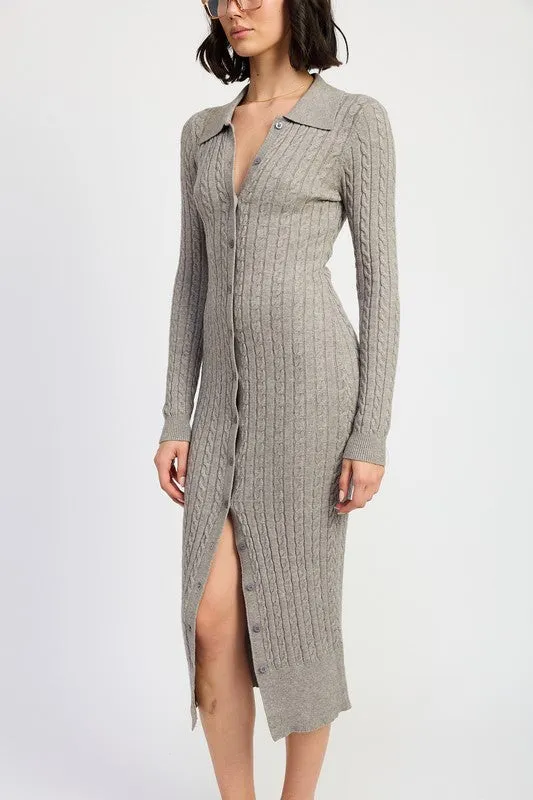 Hot Girl Bossy Buttoned Long Sleeve Cable Knit Maxi Dress