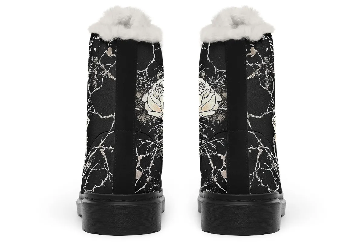 Ivory Kintsugi Rose Winter Boots - Warm Micro-Suede Doc-Style Boots Lined with Vegan Wool