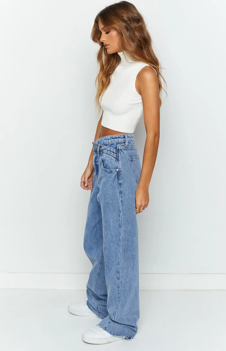 Kansis Blue Uneven Waist Jeans