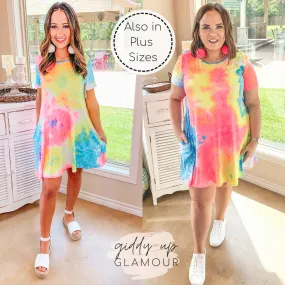 Last Chance Size Small & Medium | Sunny in LA Tie Dye Short Sleeve Dress in Pink and Yellow